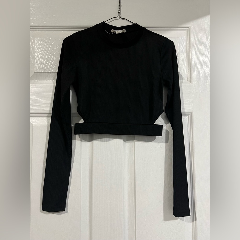 Black ribbed crop top with side cut outs